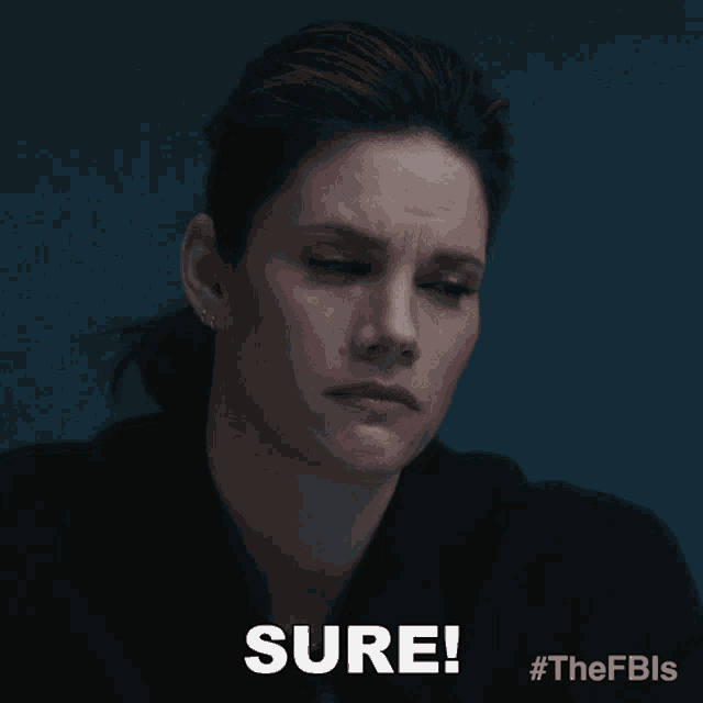 a woman is making a face and the word sure is on her face