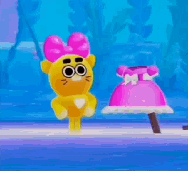 a cartoon character wearing a pink bow and a pink dress .