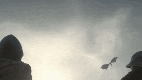 two knights looking at a dragon flying through a cloudy sky