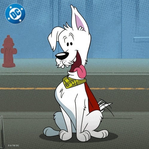 a cartoon dog wearing a cape with the dc logo on the bottom