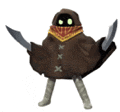 a cartoon character is wearing a brown cape and holding two knives .