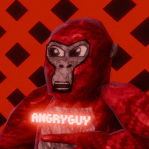 a red gorilla with the word angryguy on his shirt