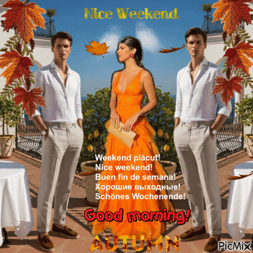 a picture of a man and a woman with the words nice weekend written above them