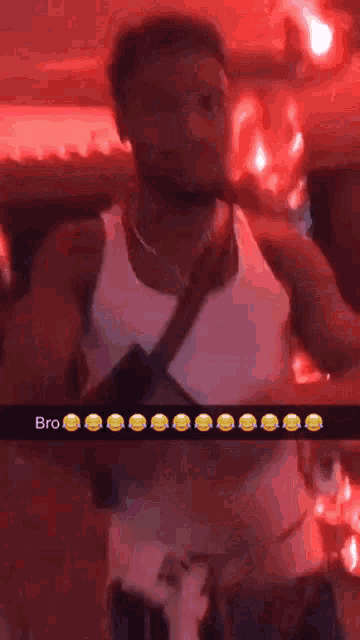 a man in a white tank top is standing in front of a red background with smiley faces and the word bro on it