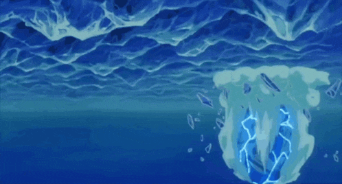 a painting of a blue ocean with waves and bubbles coming out of it