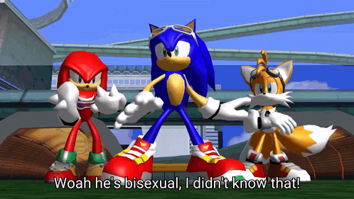 a screenshot of sonic knuckles and tails with the caption woah he 's bisexual i didn 't know that