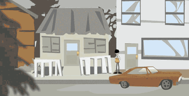 a cartoon drawing of a man standing in front of a building with a sign that says ' ain ' on it