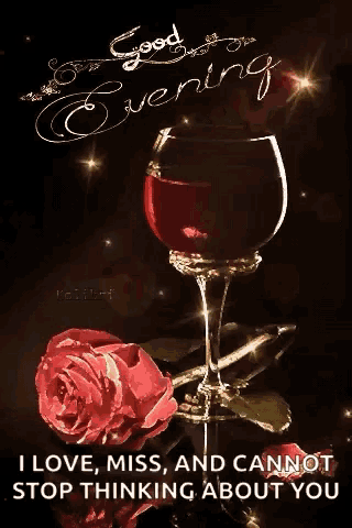 a glass of wine and a rose with the words `` good evening '' written on it