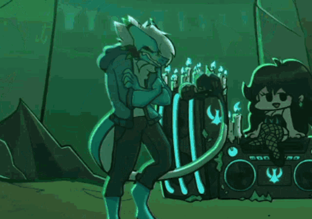 a cartoon drawing of a monster and a girl playing a game