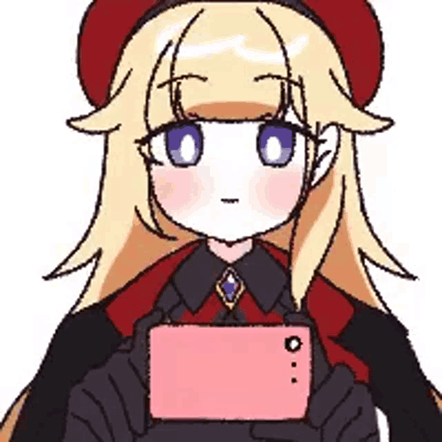a cartoon girl with long blonde hair is holding a pink cell phone in her hands .