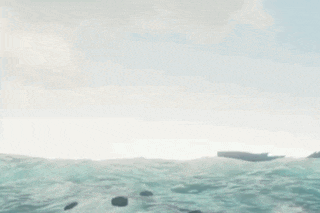 a whale is swimming in the ocean with its mouth open and a rock in the water .