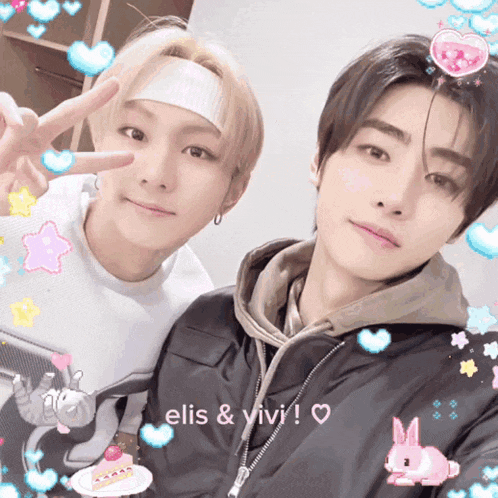 two young men posing for a picture with the words elis & vivi on the bottom right