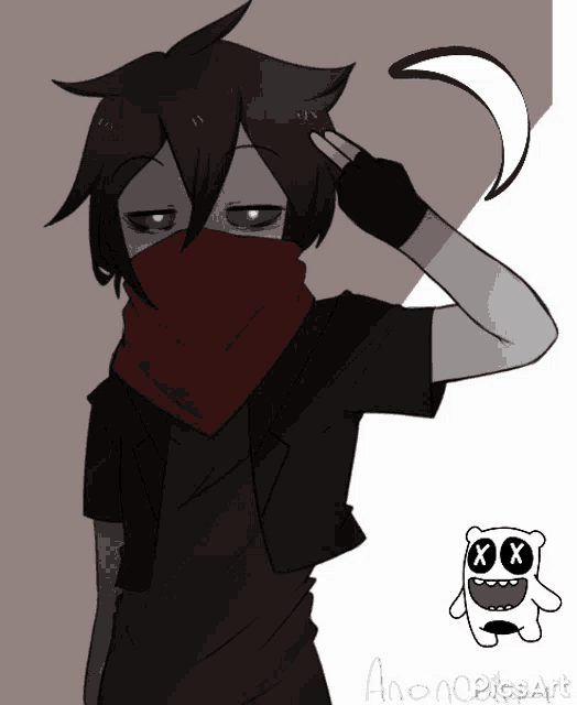 a drawing of a person with a red scarf around their face and a drawing of a monster with x on its eyes