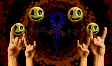 a pixel art of three hands making a peace sign with smiley faces in the background