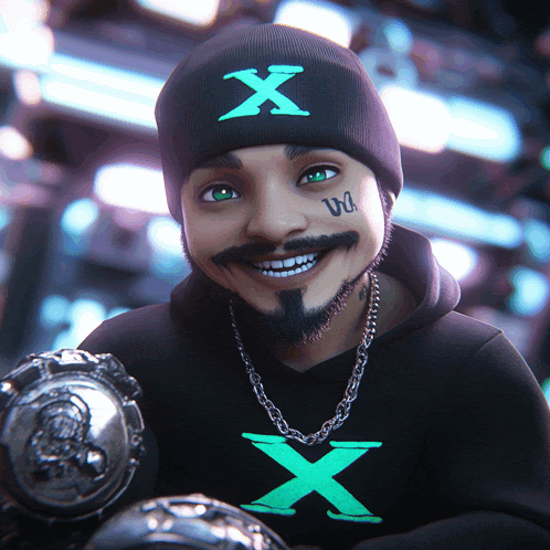 a man with a beard and green eyes wears a beanie with a green x on it