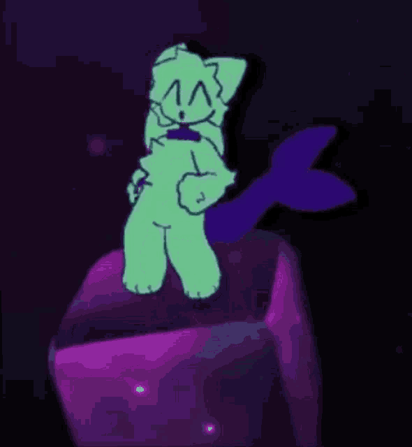 a green cat with a purple tail is standing on top of a purple object .