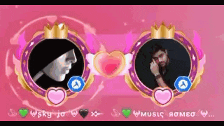 a man and a woman are standing next to each other on a pink background with hearts and crowns