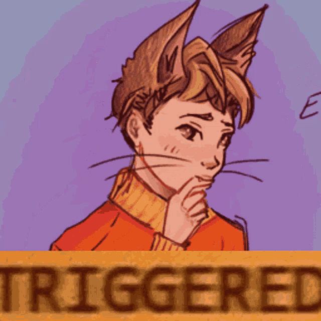 a drawing of a boy with cat ears and the word triggered below him