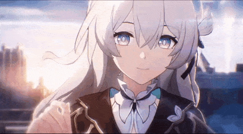 a girl with long white hair and blue eyes is standing in front of a city .