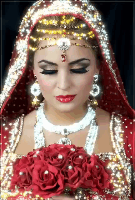 a woman in a red and white dress holds a bouquet of red roses