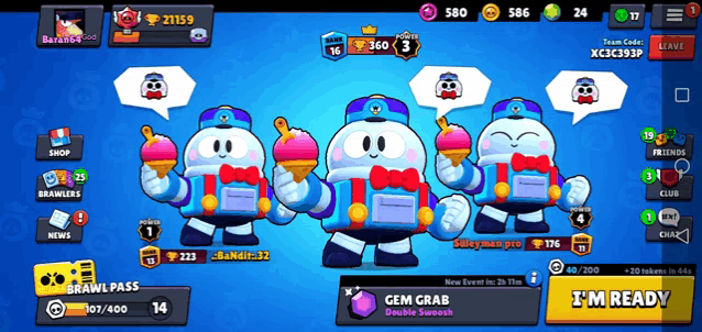 a screenshot of a game called brawl pass shows a few characters holding ice cream cones