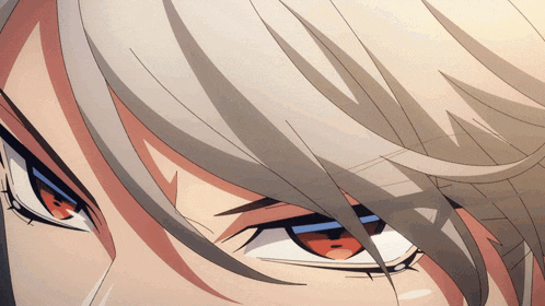 a close up of a person 's eye with gray hair and red and blue eyes