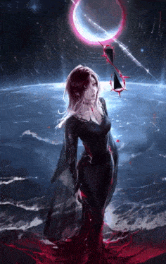 a woman in a black dress is standing in front of the ocean