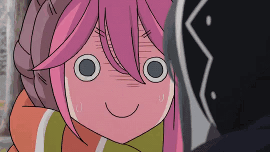 a cartoon girl with pink hair and big eyes is making a funny face