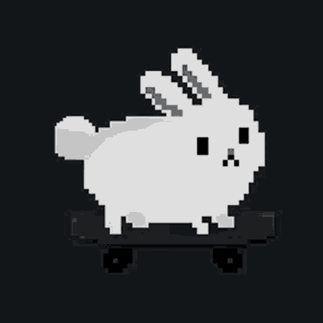 a pixel art of a white rabbit riding a black skateboard