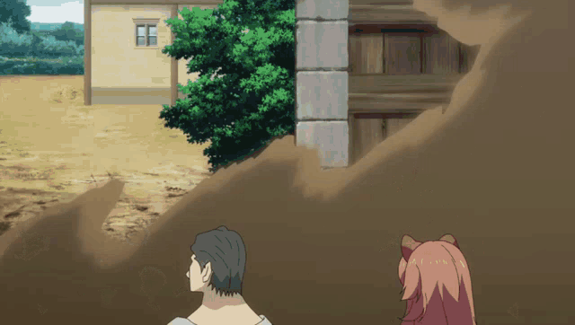 a man and a girl standing in front of a building