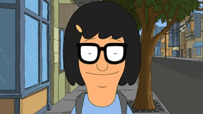 a cartoon character wearing glasses and a backpack is standing on a sidewalk