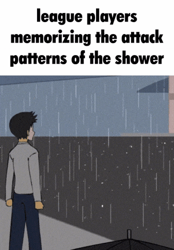 a cartoon of a man holding an umbrella in the rain with the caption league players memorizing the attack patterns of the shower