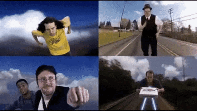 a collage of four pictures shows a man in a yellow shirt pointing