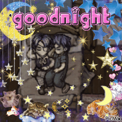 a picture of two children sleeping with the words goodnight in pink
