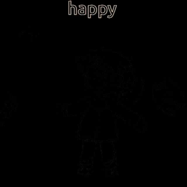 a drawing of a boy with glasses and the words " happy " in the corner