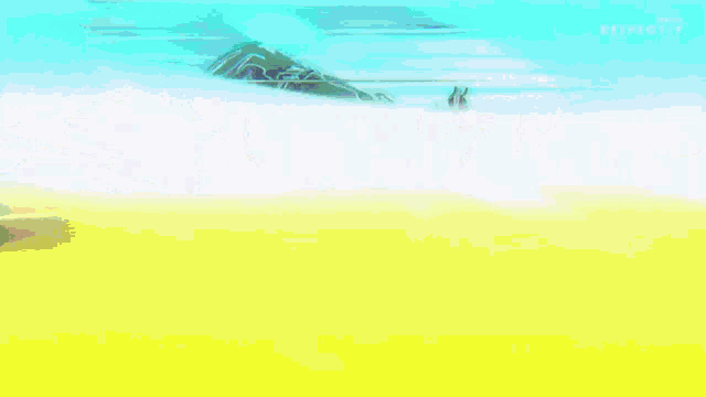 a pixelated image of a person being thrown in the air with a blue sky behind them