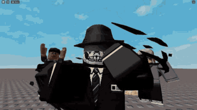 a screenshot of a video game shows a skeleton in a suit and tie