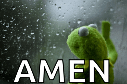 a kermit the frog is looking out a window with the word amen above it