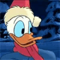 donald duck is wearing a santa hat and scarf and looking at the camera .
