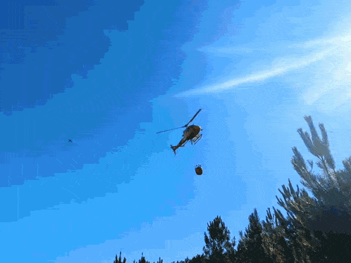 a helicopter with a bucket attached to it is flying over trees