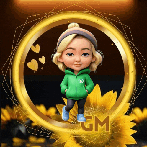 a cartoon girl in a green jacket is standing in front of a sunflower with gm written on the bottom