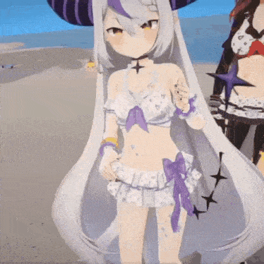a girl in a bikini is standing on a beach .