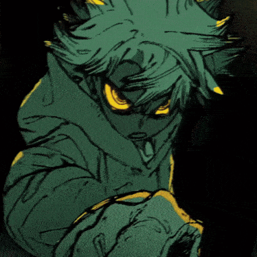 a drawing of a person with green hair and yellow eyes covering their face