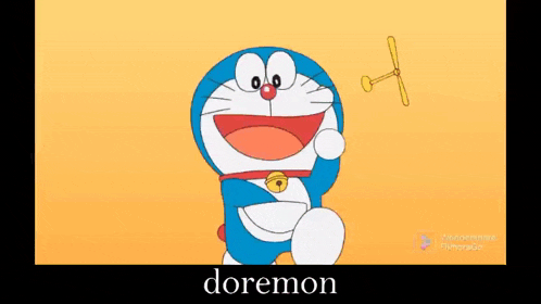 a cartoon character named doraemon is standing in front of a yellow background and holding a propeller .