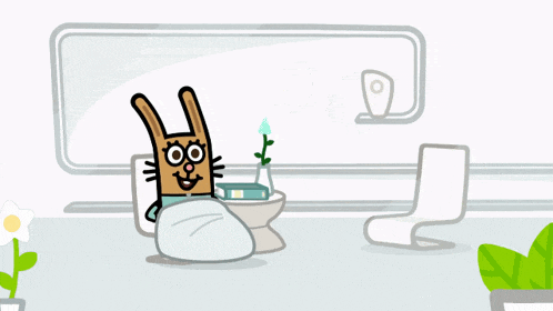 a cartoon rabbit is sitting on a toilet with a book on it