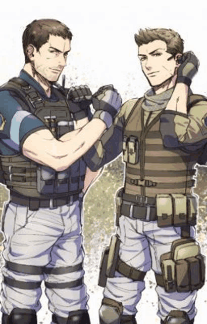 two men in military uniforms are standing next to each other and talking on a cell phone .