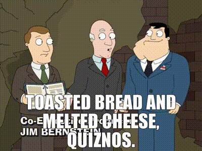 a cartoon of three men standing next to each other with the caption toasted bread and co-emeletted cheese quiznos