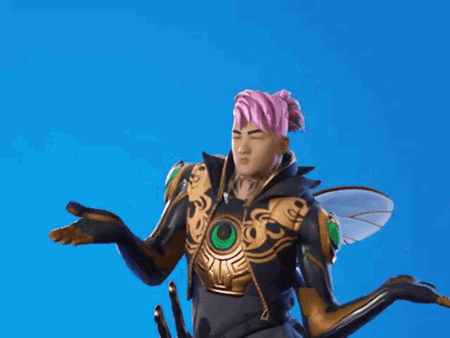 a man with pink hair and wings is wearing a black and gold outfit