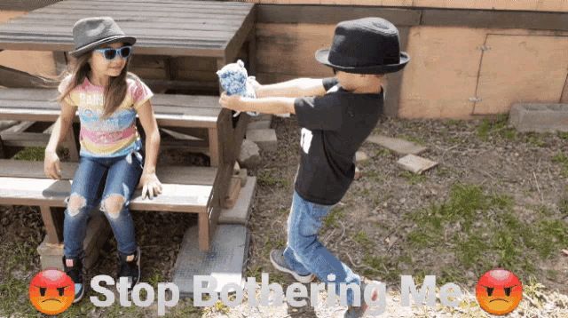 a boy and a girl sitting on a bench with stop gathering me written on the bottom