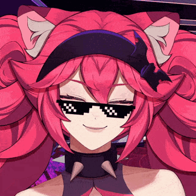a girl with pink hair wearing sunglasses and a black headband